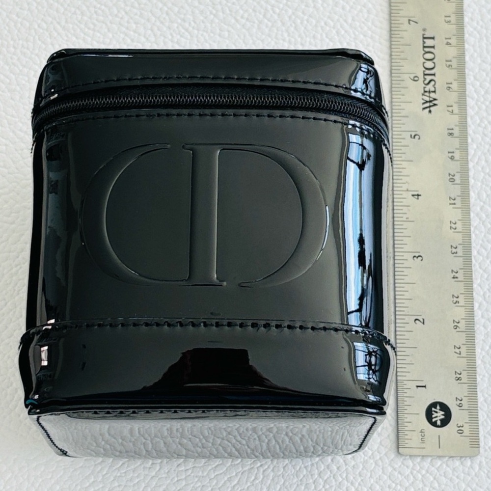 Dior Black Faux Patent Leather Glossy Black Logo Vanity Case Pouch New Authentic - Picture 3 of 5